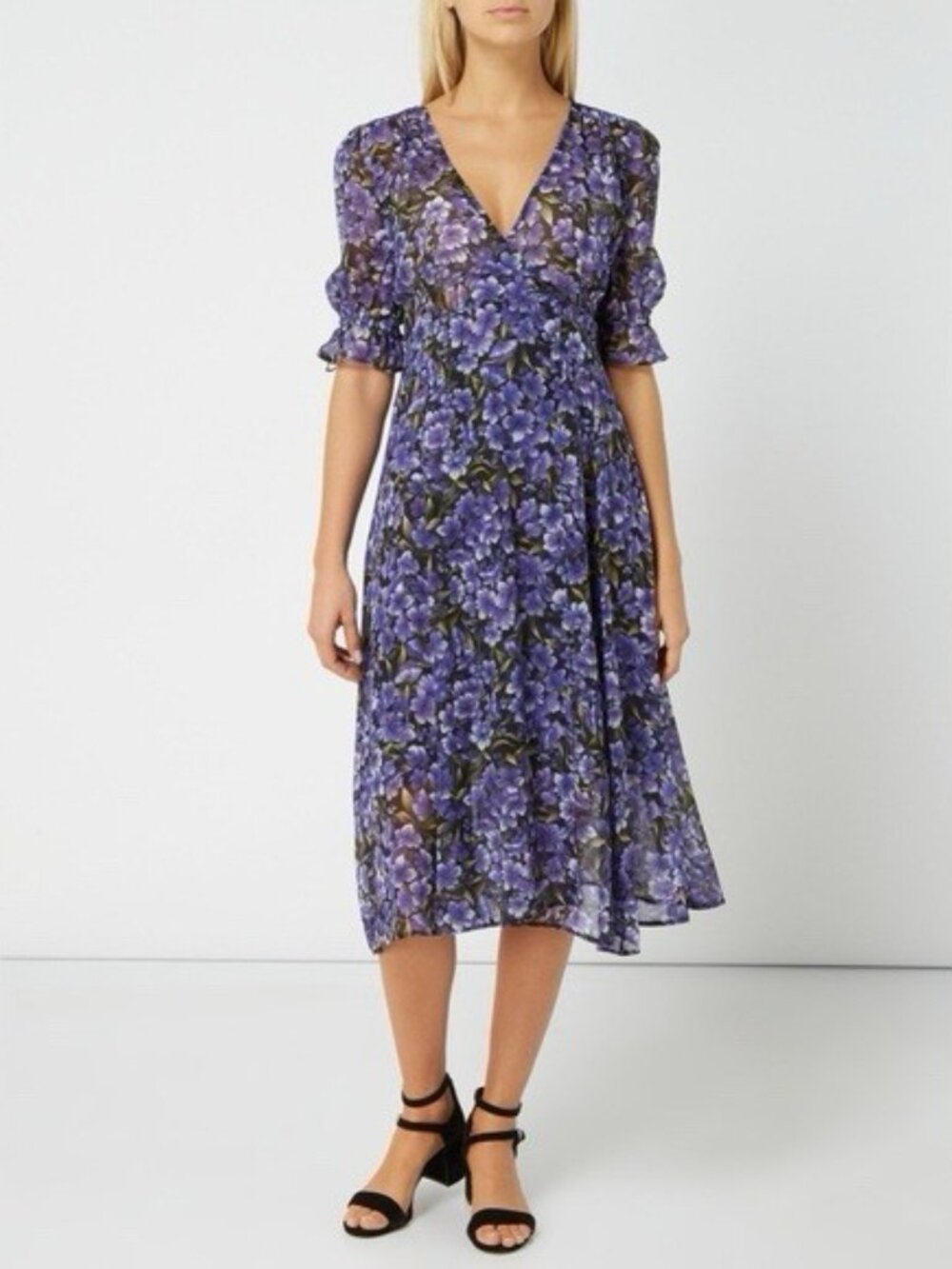 The Kooples Women Size Small Purple Black Floral Hortensia Silk Wrap Midi Dress - Picture 2 of 13